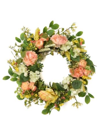 Selyemvirág koszorú peoniával- hortenziáva 75cm zöld- narancs SSS