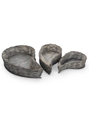 nyújtott szív alakú hasított vessző ültetőtál szett szürke 49x30x10cm S/3