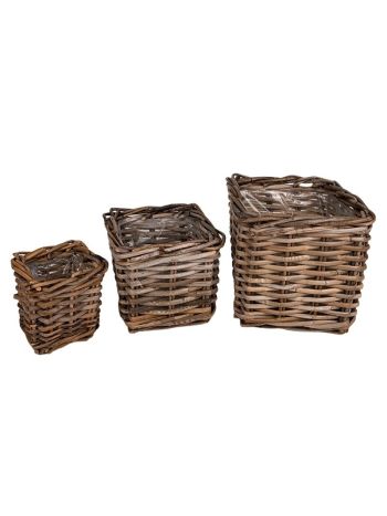 szögletes hasított rattan kaspó szett barna 27x27x25cm S/3