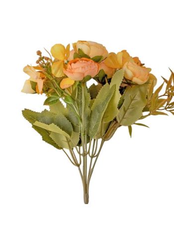 5 ágú hortenziás tearózsa selyemvirág csokor- 25cm magas - Sárgás barack