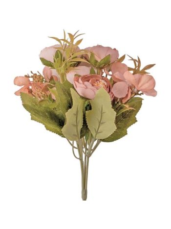 5 ágú hortenziás tearózsa selyemvirág csokor- 25cm magas - Púder rózsaszín