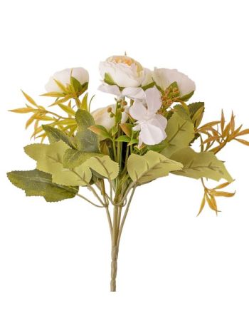 5 ágú hortenziás tearózsa selyemvirág csokor- 25cm magas - Fehér AF053-04