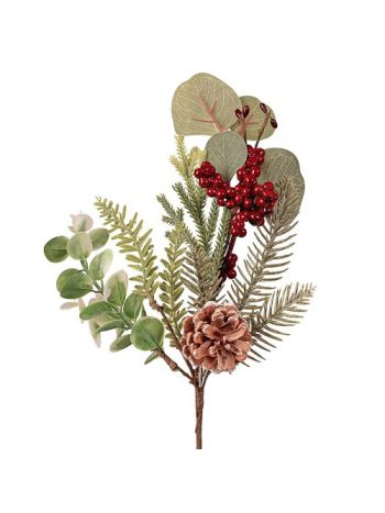 Téli ág fenyővel- eukaliptusszal- bogyókkal és tobozzal- 31cm magas