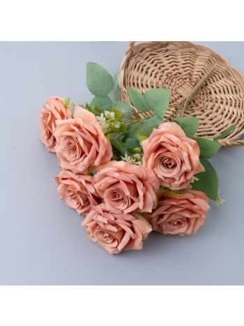 Rózsa selyemvirág csokor- 7 ágú- 41cm magas - Púder bézs