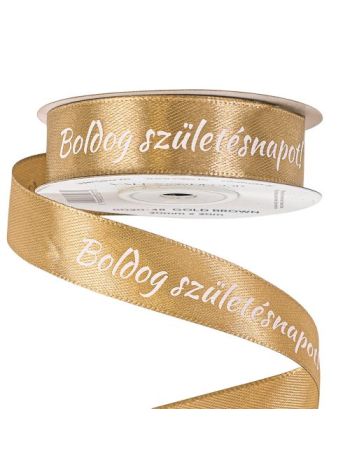 Boldog Születésnapot! feliratos szatén szalag 20mm x 20m - Aranybarna