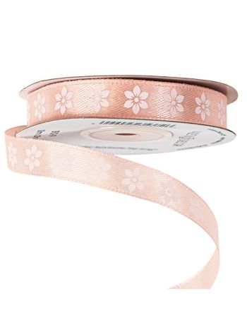 Virágmintás szatén szalag 12mm x 20m - Púder rózsaszín