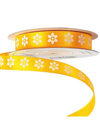 Virágmintás szatén szalag 12mm x 20m - Sötét citromsárga