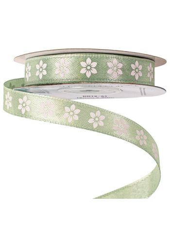 Virágmintás szatén szalag 12mm x 20m - Vintage zöld