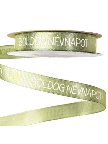 Boldog Névnapot! feliratos szatén szalag 12mm x 20m - Vintage zöld
