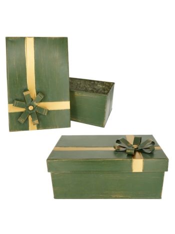 Doboz szalaggal fém 29x21x14 cm- 24x16x13 cm zöld- bronz S/2