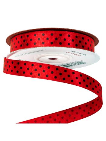 Fekete pöttyös szatén szalag 12mm x 20m - Piros