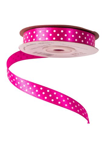 Fehér pöttyös szatén szalag 12mm x 20m - Sötét rózsaszín