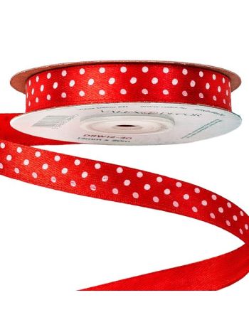Fehér pöttyös szatén szalag 12mm x 20m - Piros