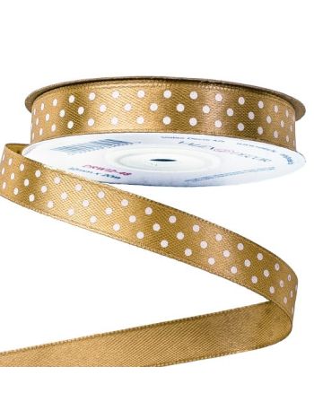 Fehér pöttyös szatén szalag 12mm x 20m - Aranybarna