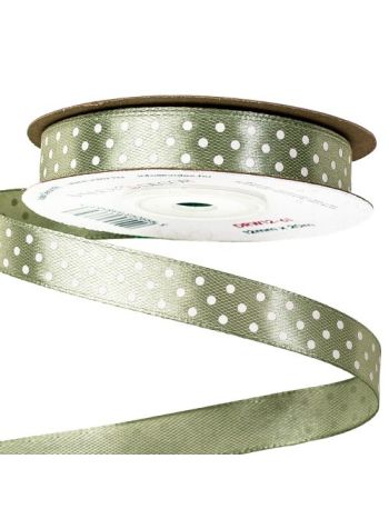 Fehér pöttyös szatén szalag 12mm x 20m - Vintage zöld