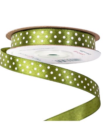 Fehér pöttyös szatén szalag 12mm x 20m - Olivazöld