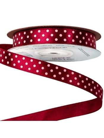 Fehér pöttyös szatén szalag 12mm x 20m - Bordó