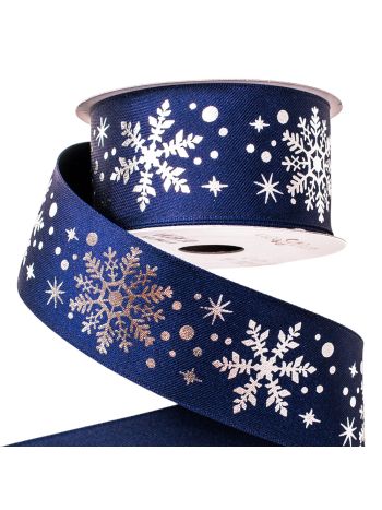 Ezüst metál hópihés prémium szatén szalag drótos szegéllyel 38mm x 6.4m - Kék