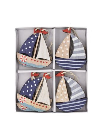 Hajó pöttyös- csíkos akasztós fa 12-5x10x1-5cm kék S/8