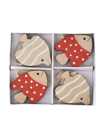 Hal pöttyös- csíkos akasztós fa 12-5x10x1-5cm natúr- piros S/8