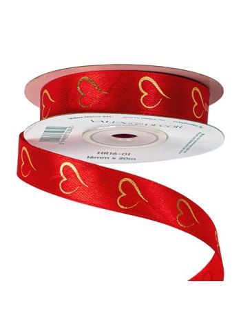 Arany szívecskemintás szatén szalag 16mm x 20m - Piros