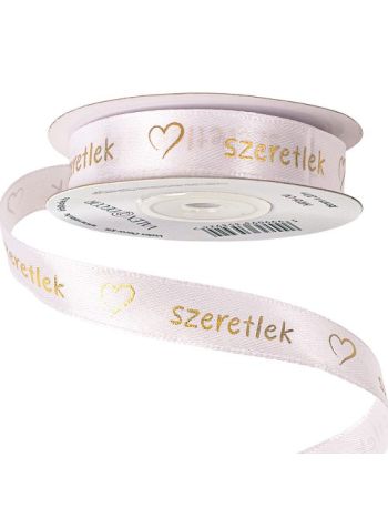 Szeretlek arany feliratos- szívecskés szatén szalag 16mm x 20m - Fehér
