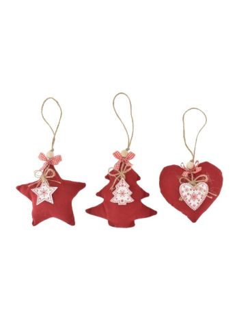 Karácsonyi dekor akasztós- textil- 12 cm- piros- 3 féle SSS