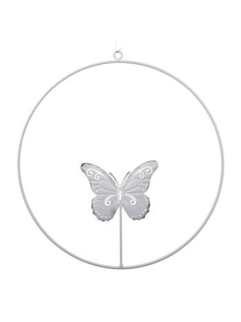 Karika pillangóval akasztós fém 30 cm fehér