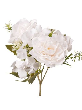 Hortenzia selyemvirág csokor- 5 ágú- 30cm magas - Fehér