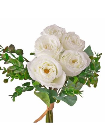 Eukaliptuszos rózsa selyemvirág csokor- 36cm magas - Fehér