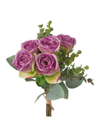 Eukaliptuszos rózsa selyemvirág csokor- 36cm magas - Lila
