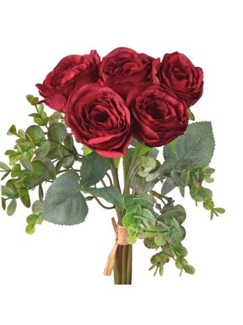 Eukaliptuszos rózsa selyemvirág csokor- 36cm magas - Bordó
