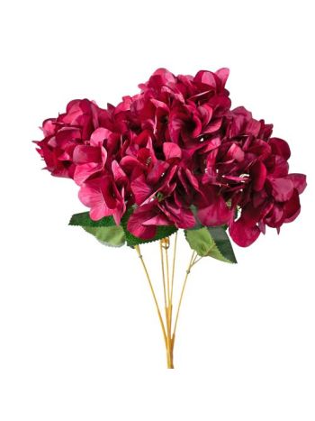 Hortenzia selyemvirág csokor- 5 ágú- 49cm magas - Bordó