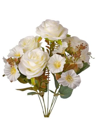 Rózsa selyemvirág csokor- 7 ágú- 43cm magas - Fehér