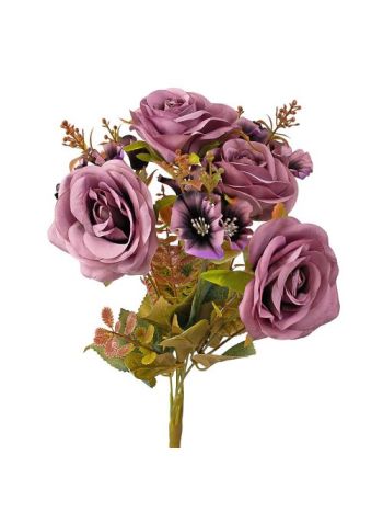 Rózsa selyemvirág csokor- 7 ágú- 43cm magas - Lila