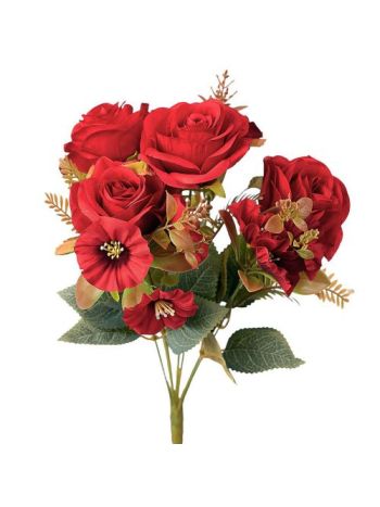 Rózsa selyemvirág csokor- 7 ágú- 43cm magas - Piros