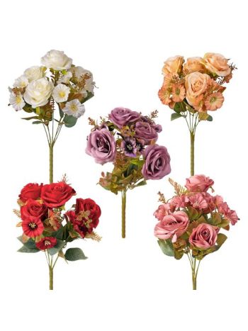 Rózsa selyemvirág csokor- 7 ágú- 43cm magas - 18db-os mix