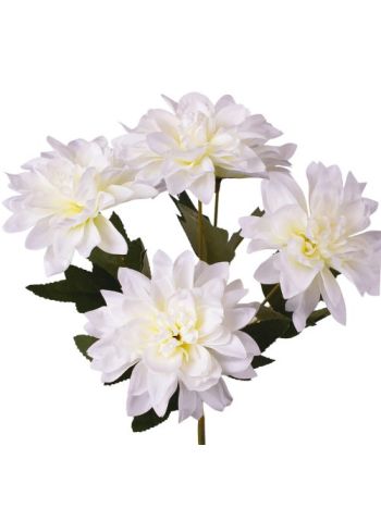 Dália selyemvirág csokor- 5 fejes- 31cm magas- virágfej átmérő: 10.5cm - Fehér