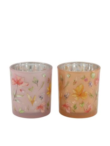 Mécsestartó virág mintával üveg 7x7x8 cm rózsaszín- barack 2 féle