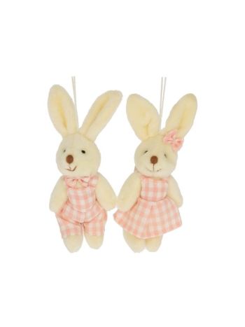 Nyúl fiú- lány kockás ruhában akasztós textil 10 cm rózsaszín 2 féle @
