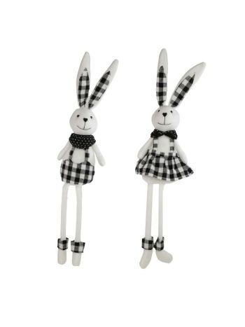 Nyúl kockás ruhában- lógólábú- fiú- lány textil 14x8x66cm fekete- fehér 2 féle