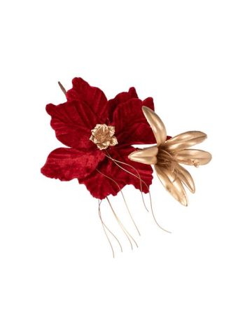 Mikulásvirág és liliom dekor pick- 20 cm magas - Bordó/Arany