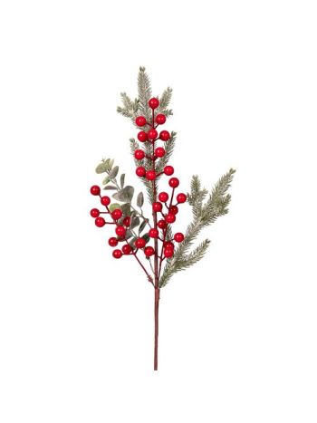 Téli dekorág piros bogyókkal- fenyővel és eukaliptusz levelekkel- 49 cm magas