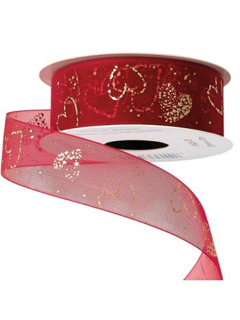 Arany szívecske mintás organza szalag 25mm x 10m - Piros