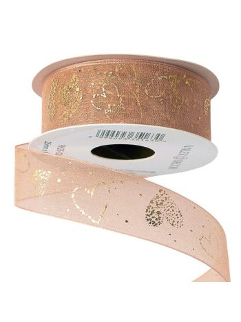 Arany szívecske mintás organza szalag 25mm x 10m - Púder Bézs
