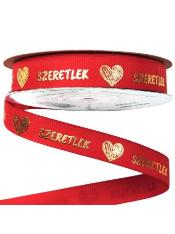 Szeretlek arany feliratos- szívecskés ripsz szalag 16mm x 20m - Piro