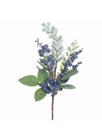 Selyemvirág fenyőág levelekkel- kökénnyel műanyag 31 cm zöld- kék