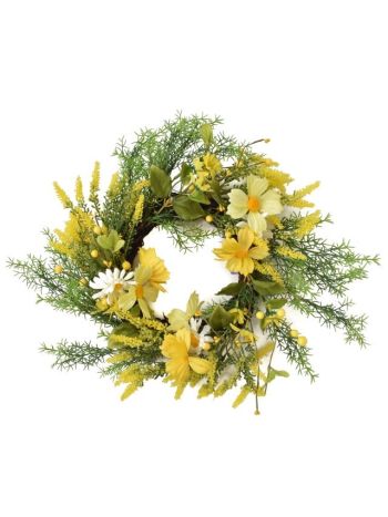 Selyemvirág koszorú nyári virágokkal 50cm zöld- sárga  DD64996