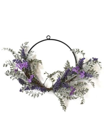 Selyemvirág levendulás koszorú 46x36x12cm zöld- lila SSS