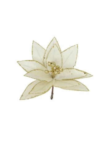 Selyemvirág Mikulásvirág glitteres- csiptetős- textil- 18 cm- krém- arany